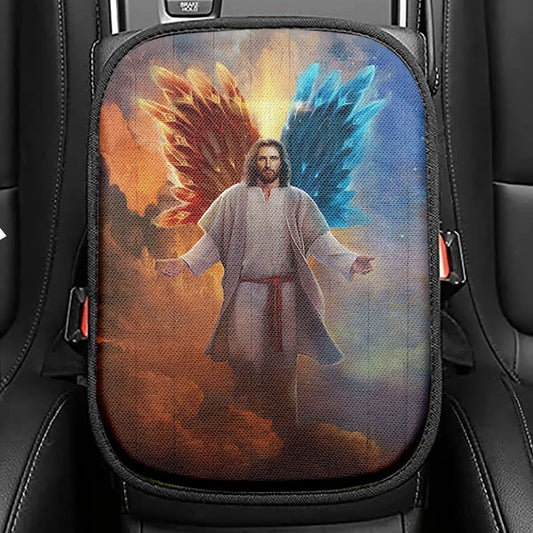 Jesus Hands Stretched Out Seat Box Cover, Jesus Portrait Car Center Console Cover, Christian Car Interior Accessories