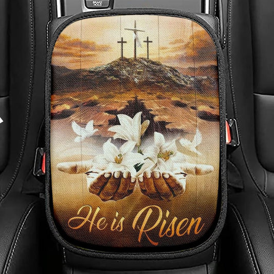 Jesus Hands White Lily Dove Cross He Is Risen Car Center Console Cover, Christian Armrest Seat Cover, Bible Seat Box Cover