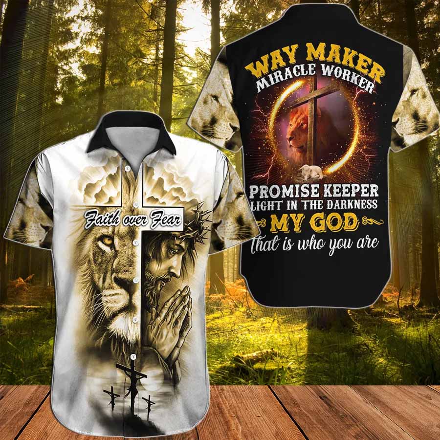 Jesus Hawaiian Shirt - Faith Over Fear Way Maker Miracle Worker Jesus Lion Cross Hawaiian Shirt