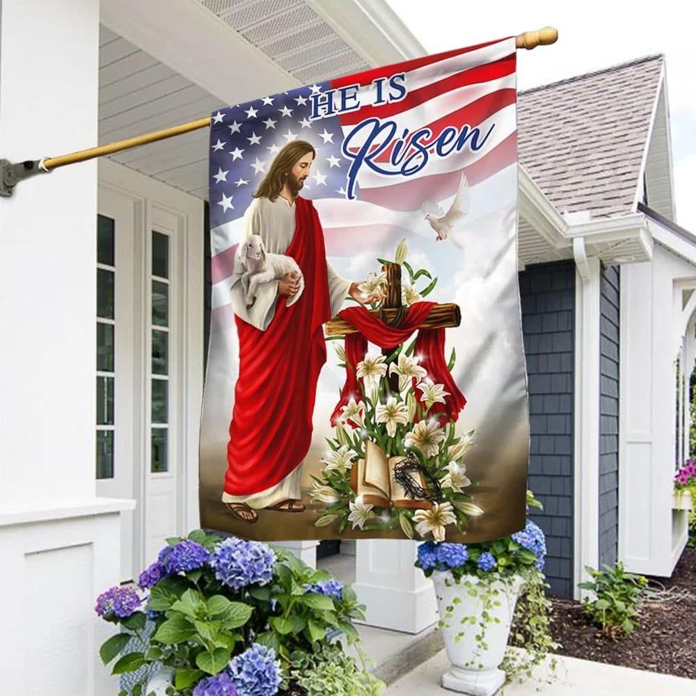 Jesus He Is Risen American Easter House Flags - Religious Easter Garden Flag - Christian Outdoor Easter Flags