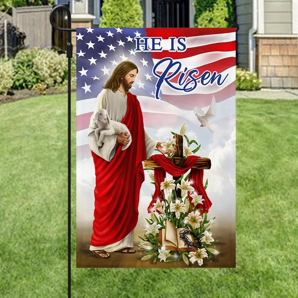 Jesus He Is Risen American Easter House Flags - Religious Easter Garden Flag - Christian Outdoor Easter Flags