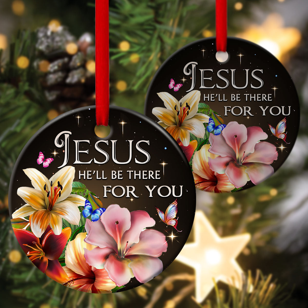 Jesus, He‘ll Be There For You - Beautiful Flower Ceramic Circle Ornament - Gift For Christmas