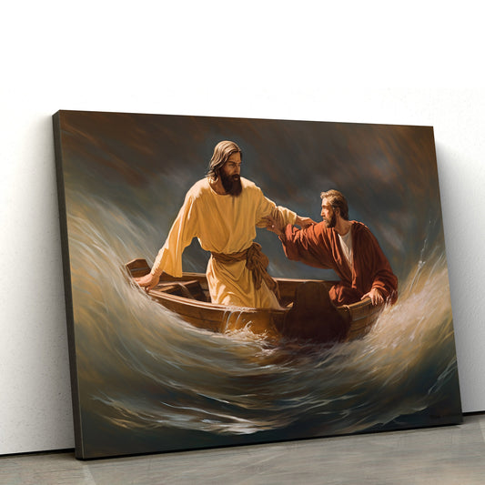 Jesus Helping A Man In The Sea - Canvas Picture - Jesus Christ Canvas - Christian Wall Art