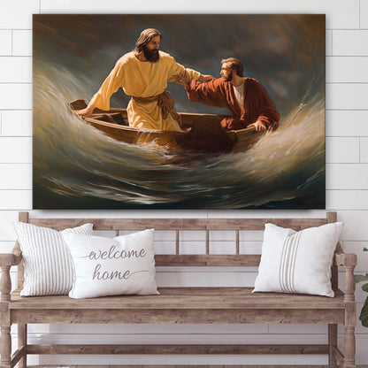 Jesus Helping A Man In The Sea - Canvas Picture - Jesus Christ Canvas - Christian Wall Art