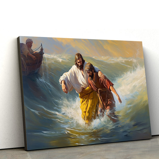 Jesus Helping A Man In The Sea 1 - Canvas Picture - Jesus Christ Canvas - Christian Wall Art