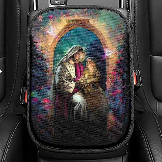 Jesus Holding A Baby Girl Seat Box Cover, Jesus Car Center Console Cover, Christian Interior Car Accessories