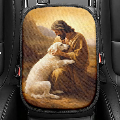 Jesus Holding A Dog Custom Seat Box Cover, Personalized Pet Memorial Car Center Console Cover, Pet Memorial Gifts