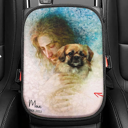 Jesus Holding A Dog Custom Seat Box Cover, Personalized Pet Memorial Car Center Console Cover, Pet Memorial Gifts
