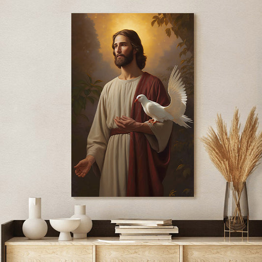 Jesus Holding A Dove In His Arm In The Style Of Evgeny Lushpin - Canvas Picture - Jesus Christ Canvas - Christian Wall Art