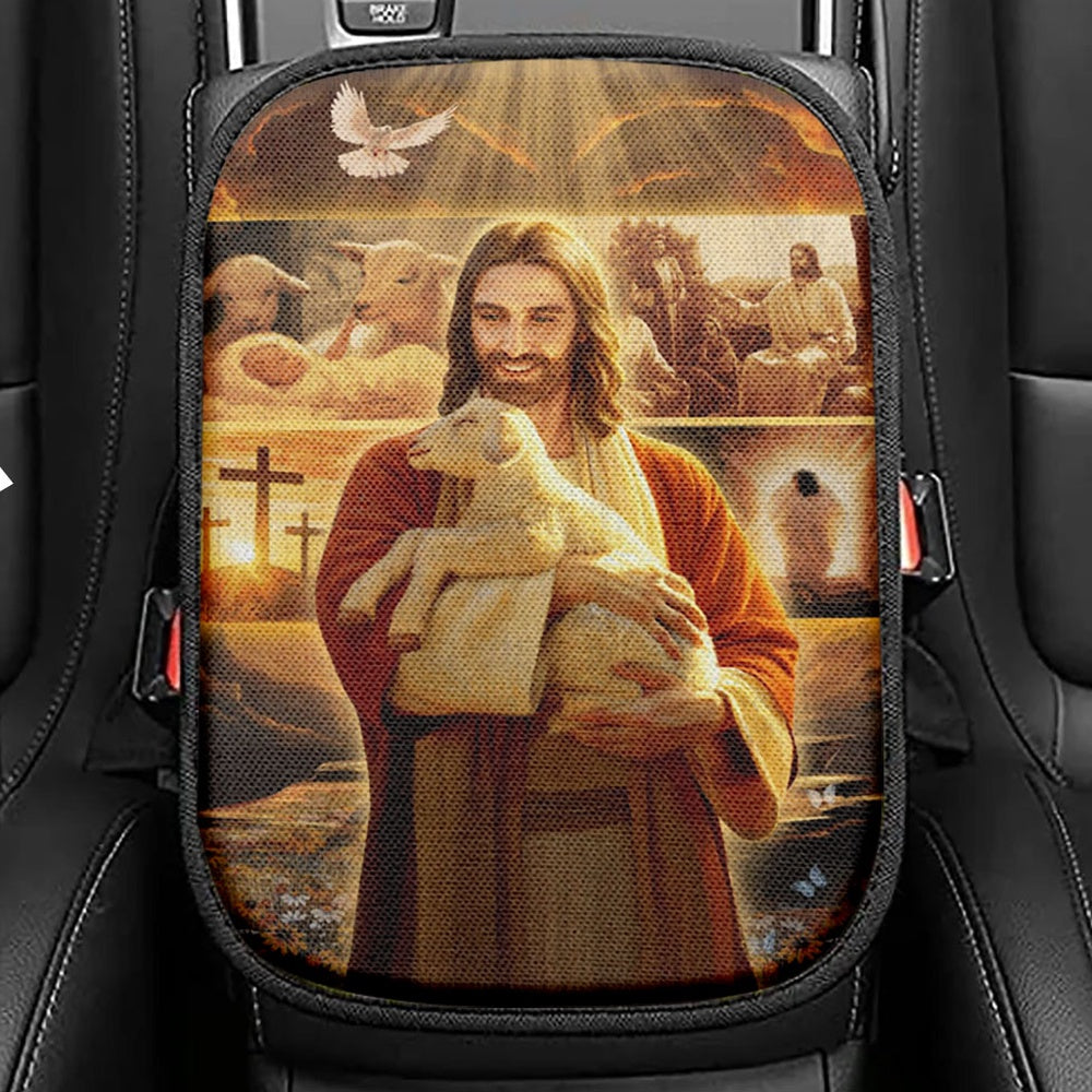 Jesus Holding A Lamb Seat Box Cover, Jesus Christ Car Center Console Cover, Christian Car Interior Accessories