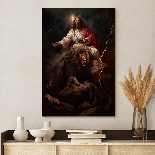 Jesus Holding A Snake Standing On Top Of A Rock With Lightnings - Canvas Picture - Jesus Christ Canvas - Christian Wall Art
