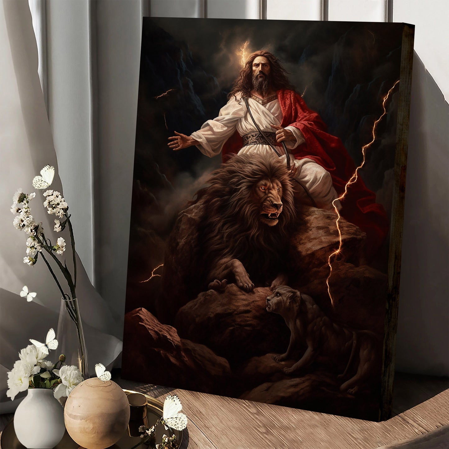 Jesus Holding A Snake Standing On Top Of A Rock With Lightnings - Canvas Picture - Jesus Christ Canvas - Christian Wall Art