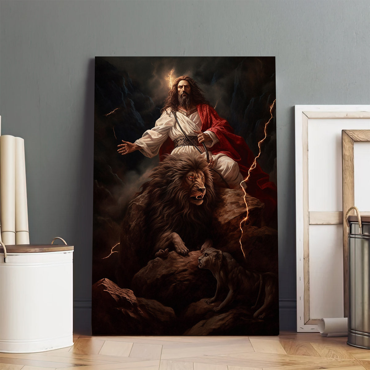Jesus Holding A Snake Standing On Top Of A Rock With Lightnings - Canvas Picture - Jesus Christ Canvas - Christian Wall Art
