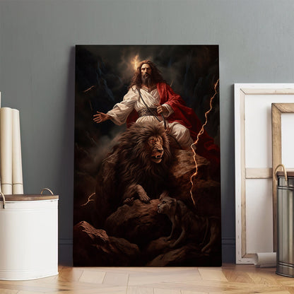 Jesus Holding A Snake Standing On Top Of A Rock With Lightnings - Canvas Picture - Jesus Christ Canvas - Christian Wall Art