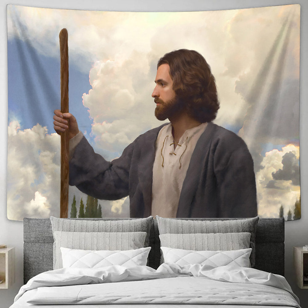 Jesus Holding A Staff Tapestry - Rock of Our Salvation Tapestry - Jesus Pictures - Christian Wall Tapestry