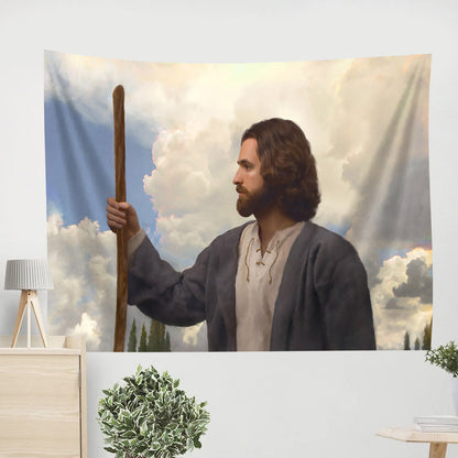 Jesus Holding A Staff Tapestry - Rock of Our Salvation Tapestry - Jesus Pictures - Christian Wall Tapestry