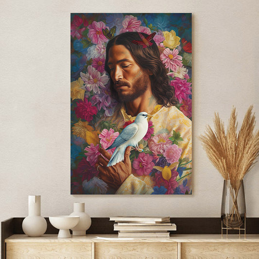 Jesus Holding Flowers And Doves - Canvas Picture - Jesus Christ Canvas - Christian Wall Art
