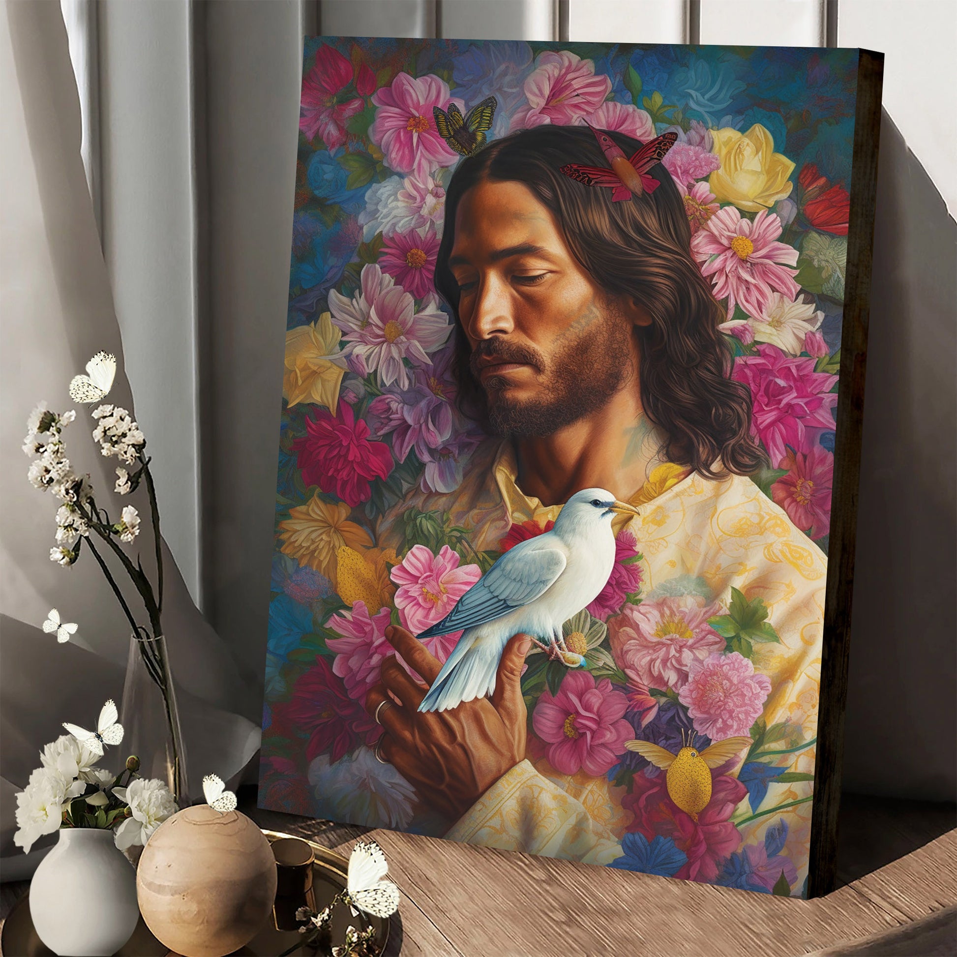 Jesus Holding Flowers And Doves - Canvas Picture - Jesus Christ Canvas - Christian Wall Art