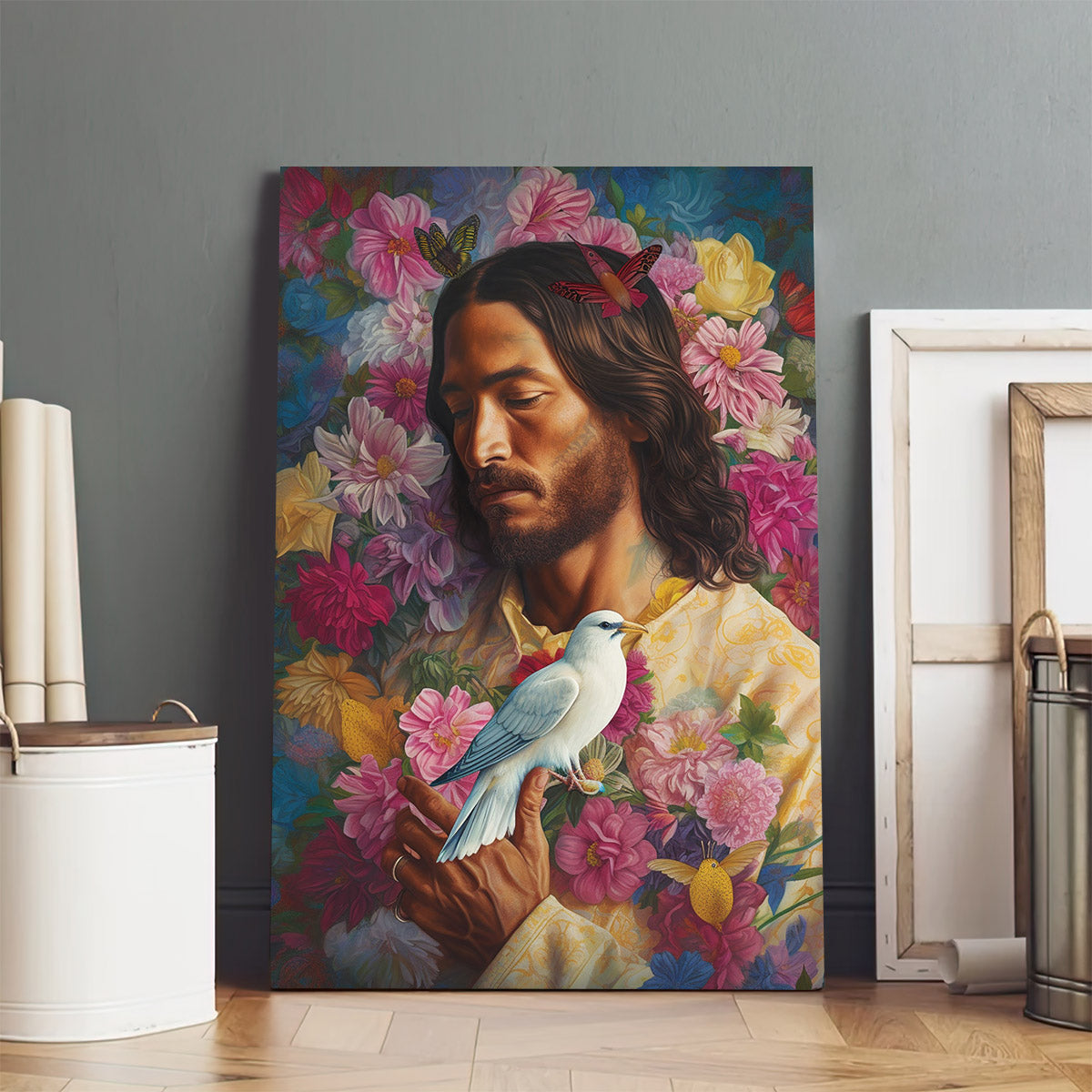 Jesus Holding Flowers And Doves - Canvas Picture - Jesus Christ Canvas - Christian Wall Art