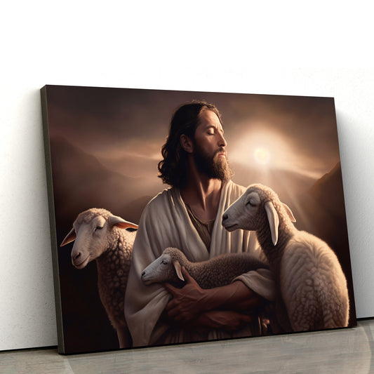 Jesus Holding Sheep While The Sun Is Setting - Canvas Picture - Jesus Christ Canvas - Christian Wall Art