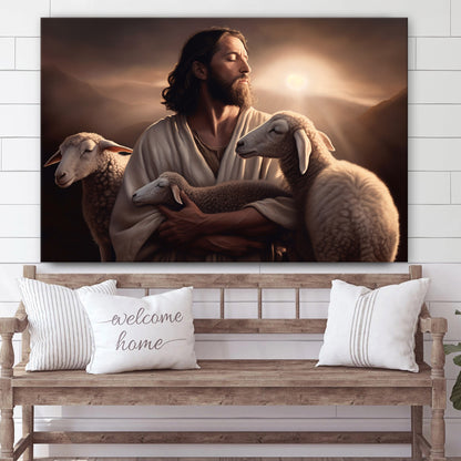 Jesus Holding Sheep While The Sun Is Setting - Canvas Picture - Jesus Christ Canvas - Christian Wall Art
