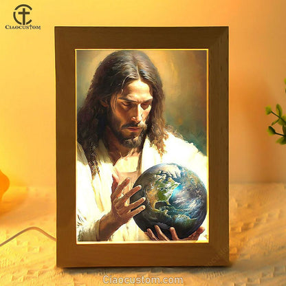 Jesus Holding The Earth Frame Lamp Pictures - Jesus Art Prints - Jesus Art - Christian Home Decor