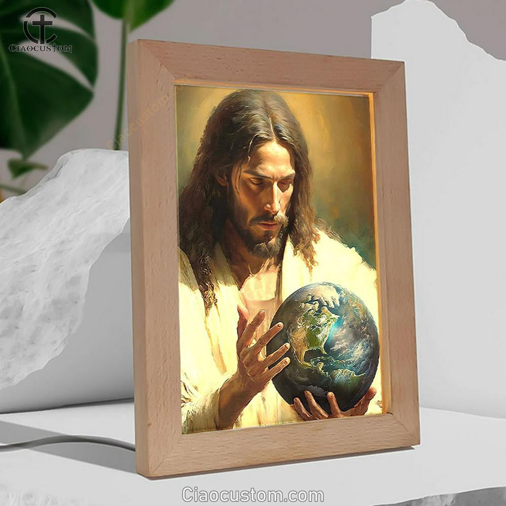 Jesus Holding The Earth Frame Lamp Pictures - Jesus Art Prints - Jesus Art - Christian Home Decor