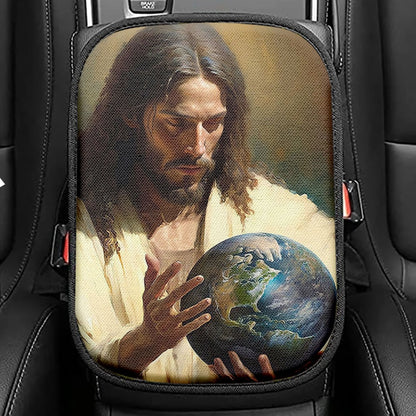 Jesus Holding The Earth Seat Box Cover, Jesus Car Center Console Cover, Jesus Car Interior Accessories