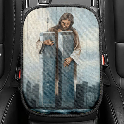 Jesus Holding The World Trade Center Building Seat Box Cover, Jesus Christ Car Center Console Cover, Christian Car Interior Accessories
