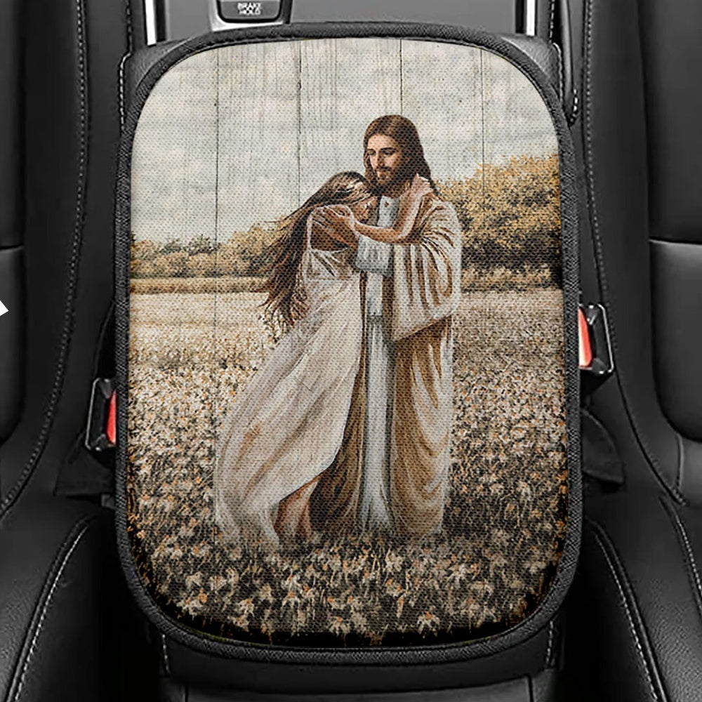 Jesus Hug Girl In Flower Field Seat Box Cover, Christian Car Center Console Cover, Bible Verse Car Interior Accessories