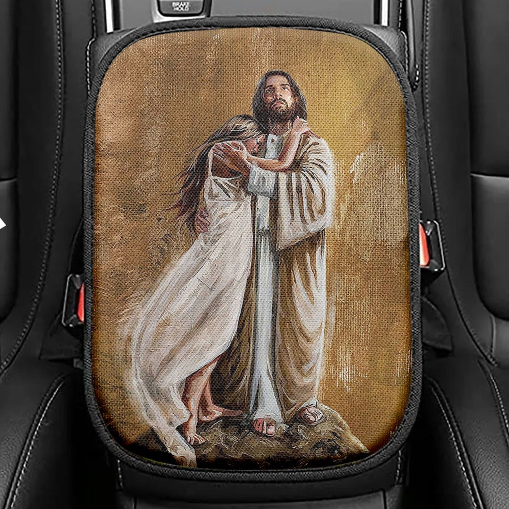 Jesus Hug In The Arms Of His Love Seat Box Cover, Christian Car Center Console Cover, Bible Verse Car Interior Accessories