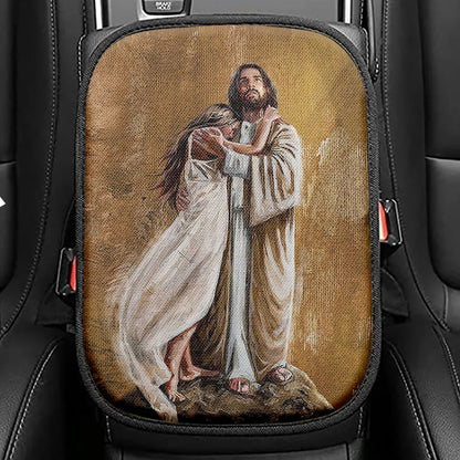 Jesus Hug In The Arms Of His Love Seat Box Cover, Christian Car Center Console Cover, Bible Verse Car Interior Accessories