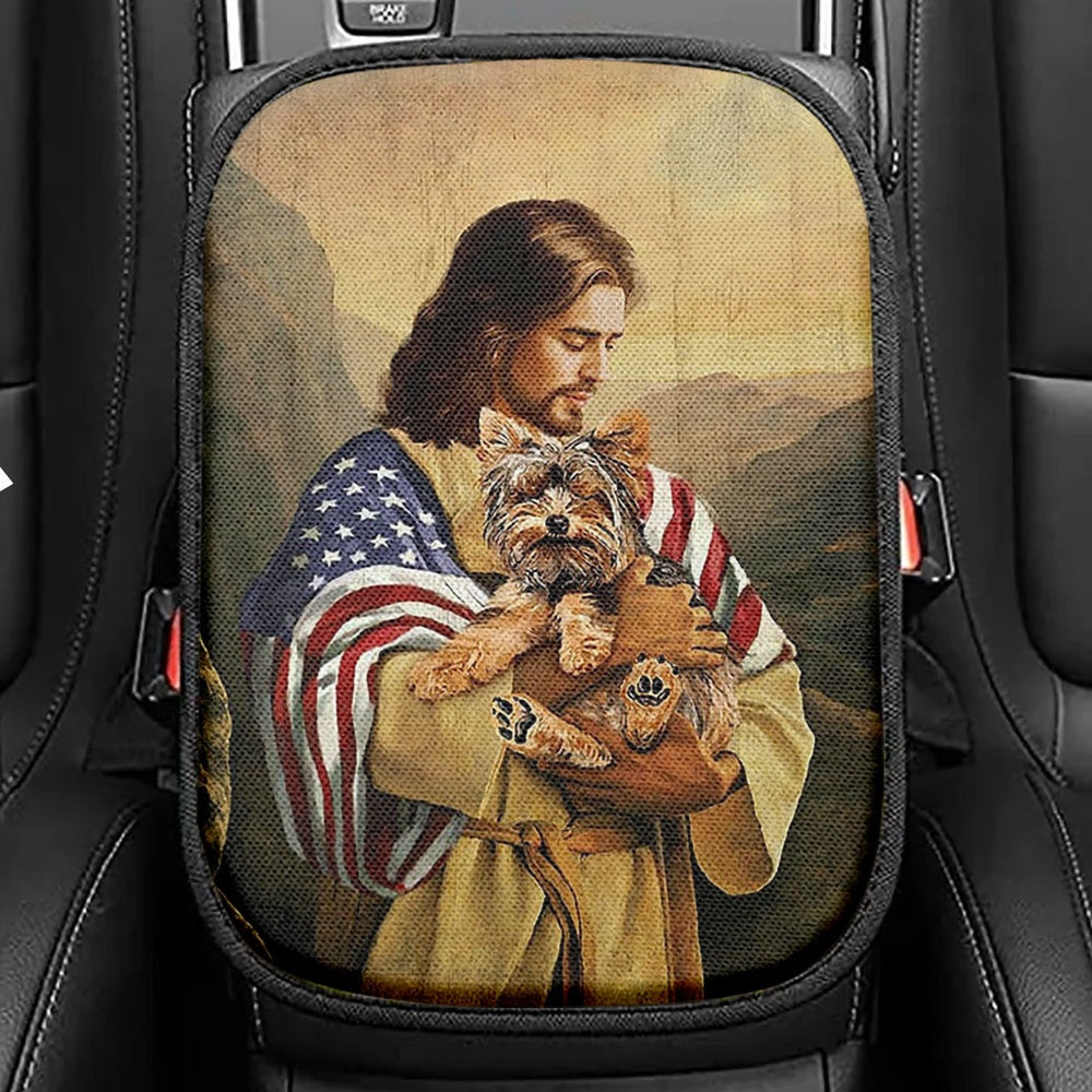 Jesus Hug Yorkshire Terrier Seat Box Cover, Christian Car Center Console Cover, Bible Verse Car Interior Accessories