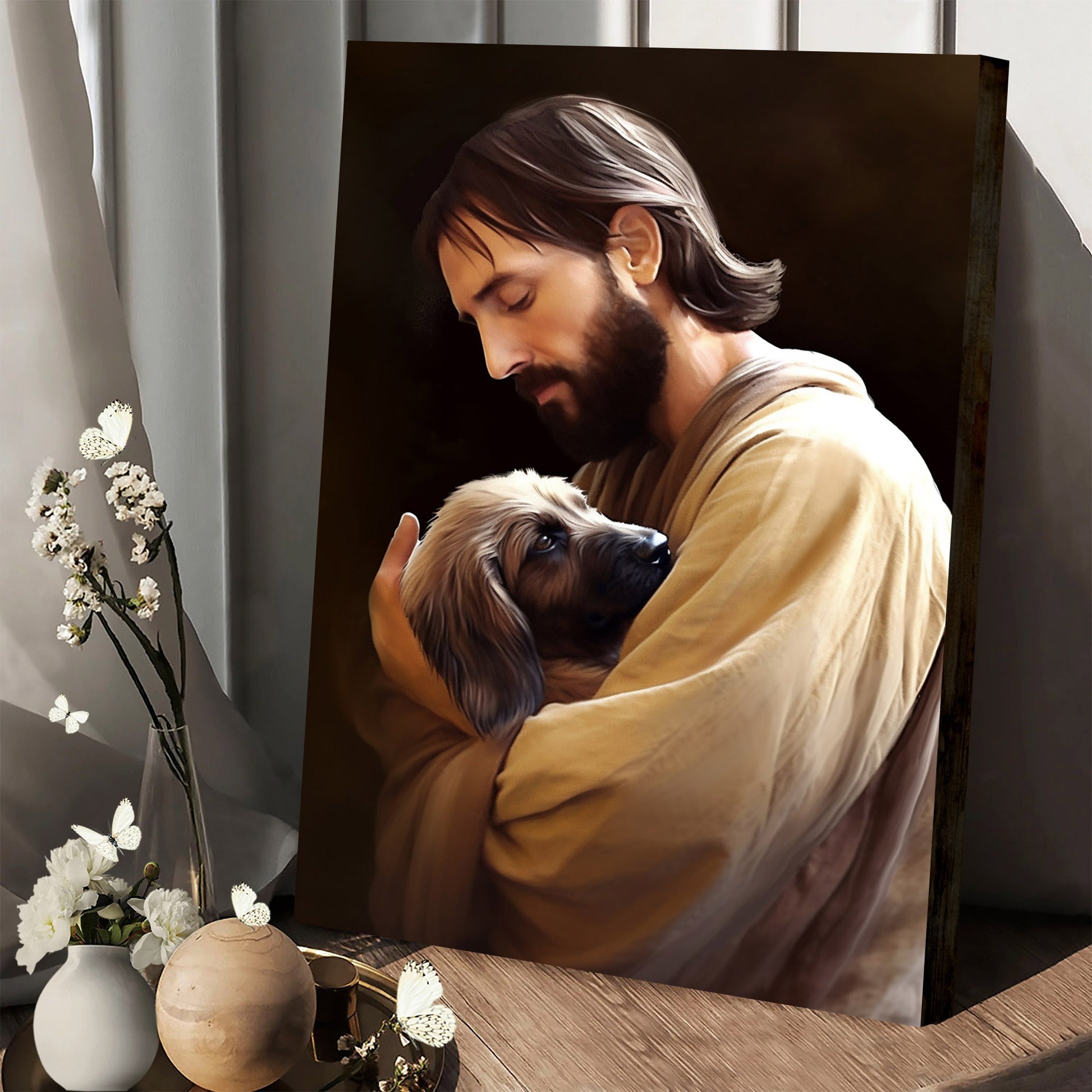 Jesus Hugging A Dog - Canvas Pictures - Jesus Christ Canvas - Christian Wall Art