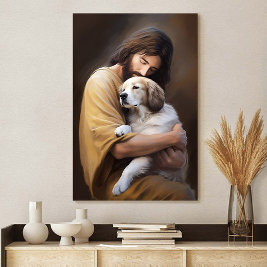 Jesus Hugging A Dog 1 - Canvas Pictures - Jesus Christ Canvas - Christian Wall Art