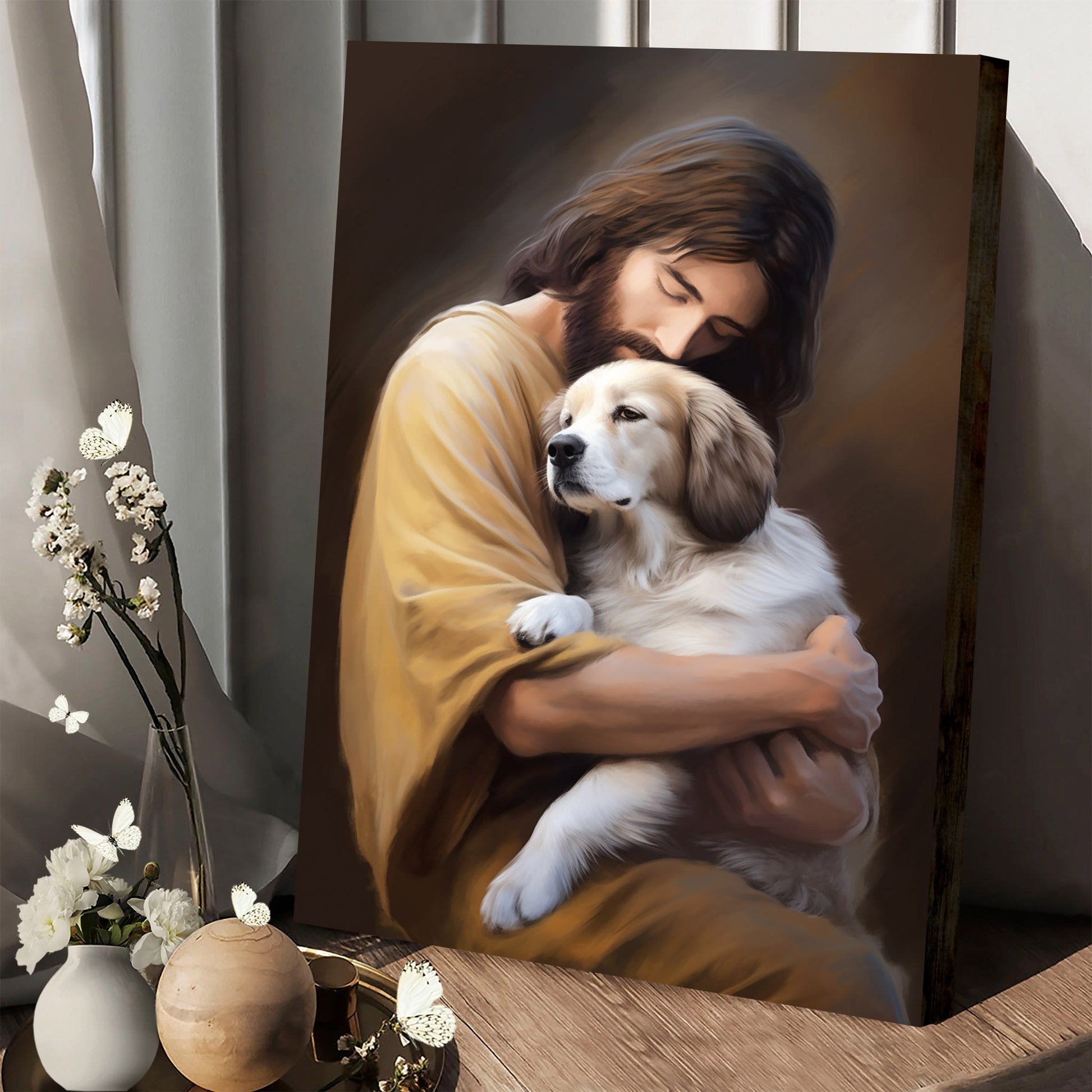 Jesus Hugging A Dog 1 - Canvas Pictures - Jesus Christ Canvas - Christian Wall Art