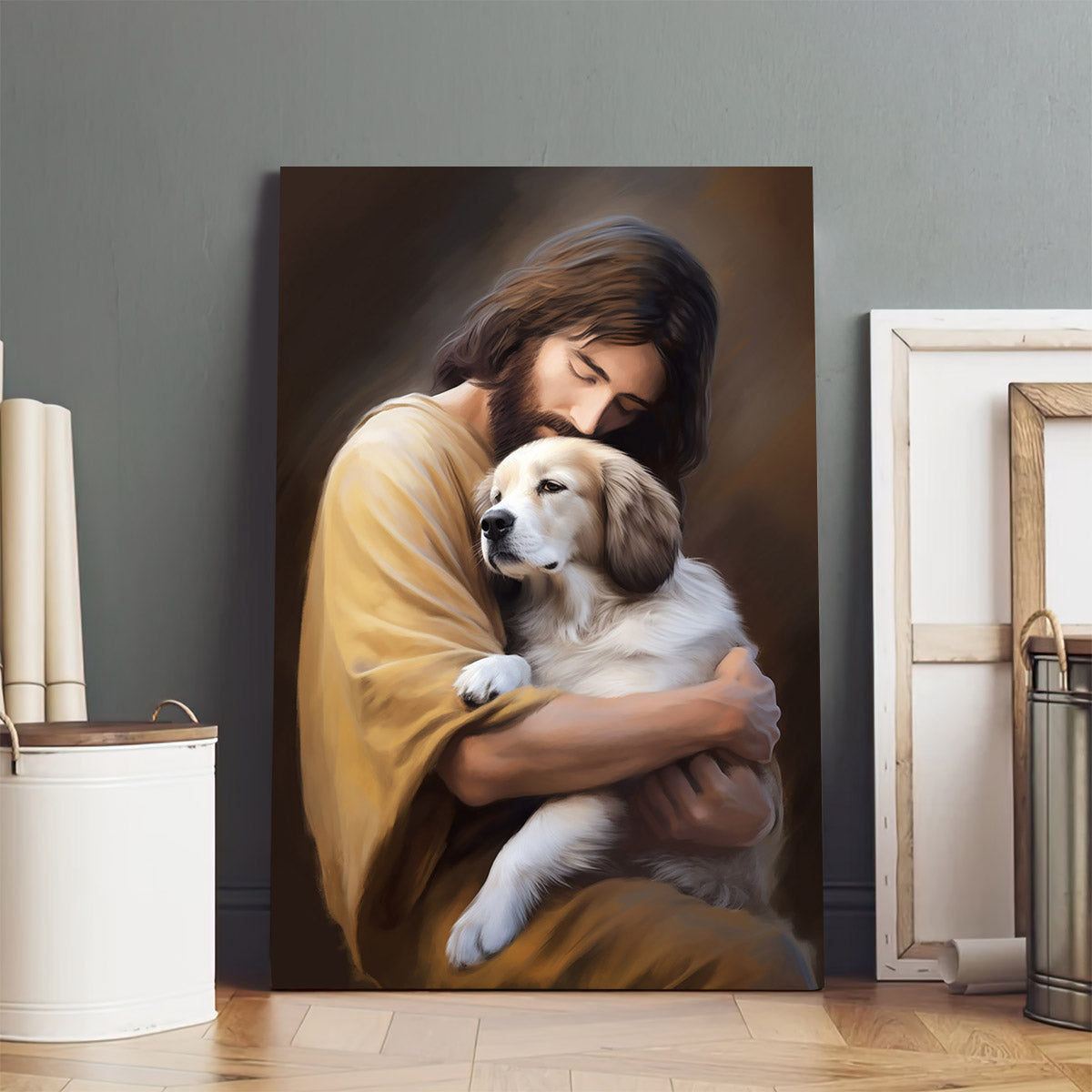 Jesus Hugging A Dog 1 - Canvas Pictures - Jesus Christ Canvas - Christian Wall Art