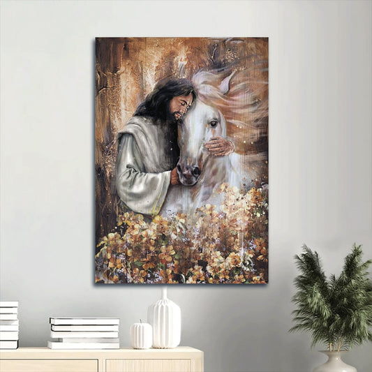 Jesus Hugging A Horse Portrait Canvas Wall Art - Jesus White Horse Flower Garden Drawing - Gift For Christian