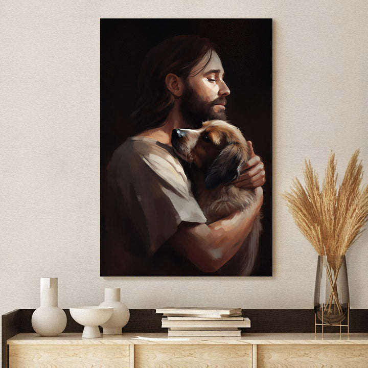 Jesus Hugging His Dog 1 - Canvas Pictures - Jesus Christ Canvas - Christian Wall Art