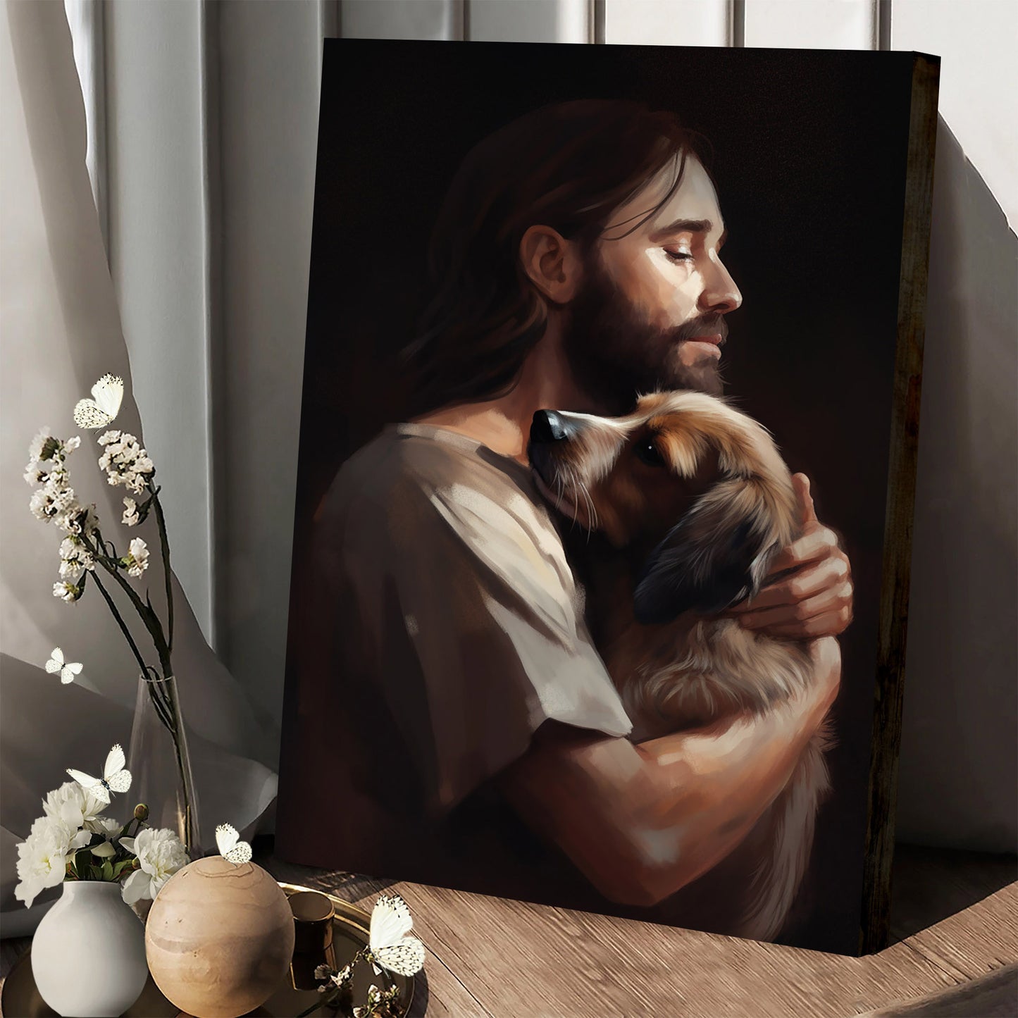 Jesus Hugging His Dog 1 - Canvas Pictures - Jesus Christ Canvas - Christian Wall Art