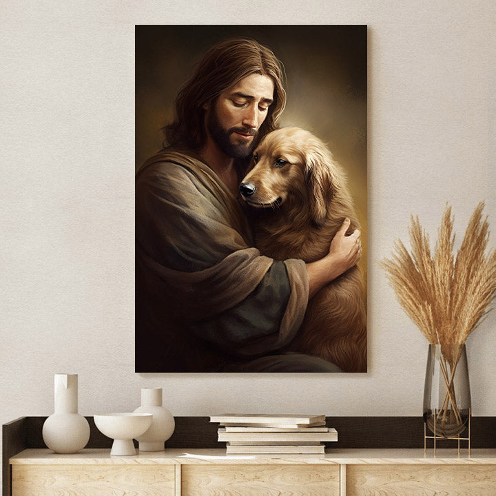 Jesus Hugging His Dog 2 - Canvas Pictures - Jesus Christ Canvas - Christian Wall Art