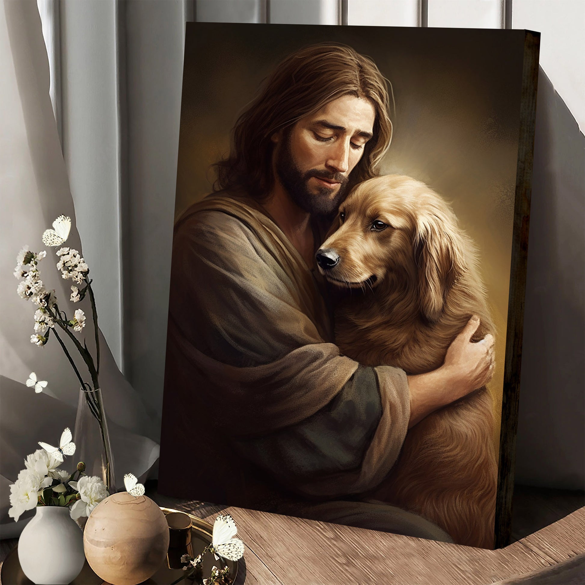 Jesus Hugging His Dog 2 - Canvas Pictures - Jesus Christ Canvas - Christian Wall Art
