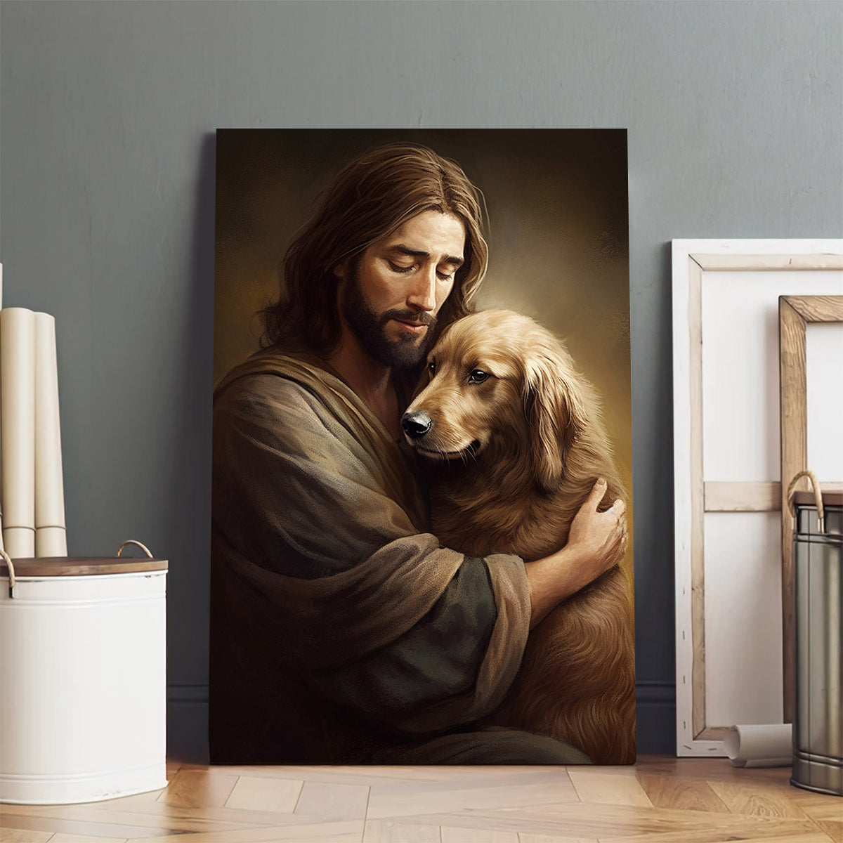 Jesus Hugging His Dog 2 - Canvas Pictures - Jesus Christ Canvas - Christian Wall Art