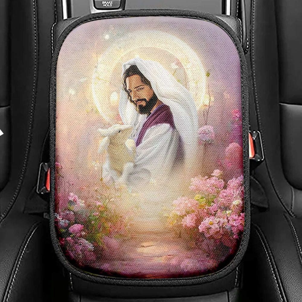 Jesus Hugging Lamb Seat Box Cover, Jesus Car Center Console Cover, Jesus Car Interior Accessories
