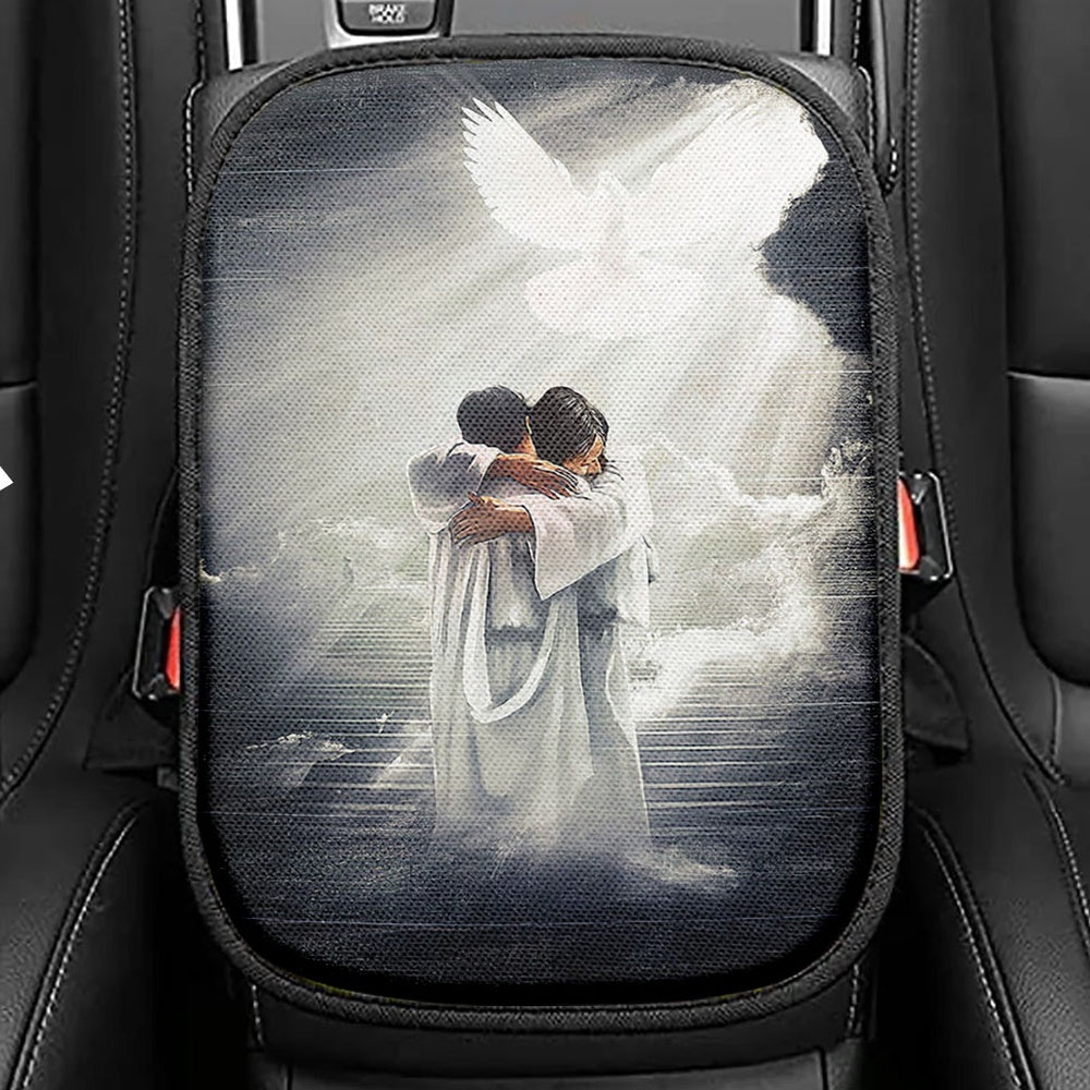 Jesus Hugging Man Dove Seat Box Cover, Christian Car Center Console Cover, Bible Verse Car Interior Accessories