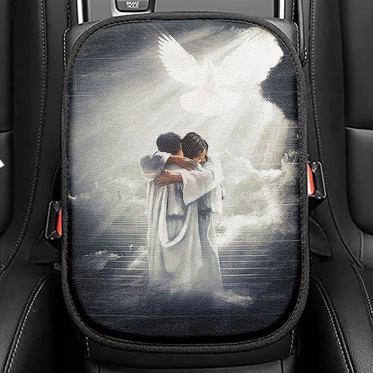 Jesus Hugging Man Dove Seat Box Cover, Christian Car Center Console Cover, Bible Verse Car Interior Accessories