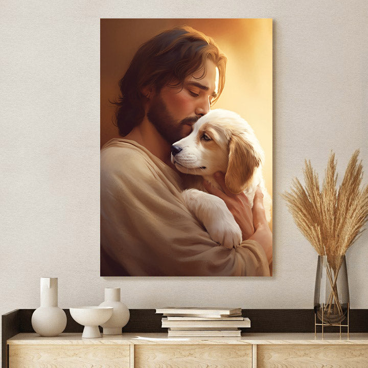 Jesus Hugs His Puppy - Canvas Pictures - Jesus Christ Canvas - Christian Wall Art
