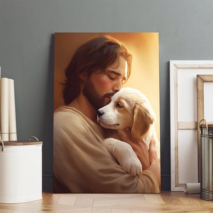 Jesus Hugs His Puppy - Canvas Pictures - Jesus Christ Canvas - Christian Wall Art