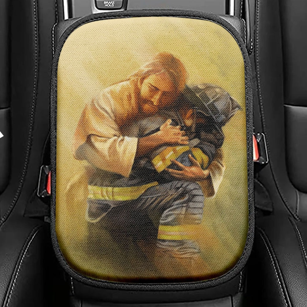 Jesus Hugs The Firefighter Seat Box Cover, Jesus Christ Car Center Console Cover, Christian Car Interior Accessories