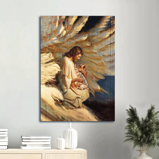 Jesus Hugs Yorkshire Terrier Portrait Canvas Wall Art - Gift For Yorkshire Lovers